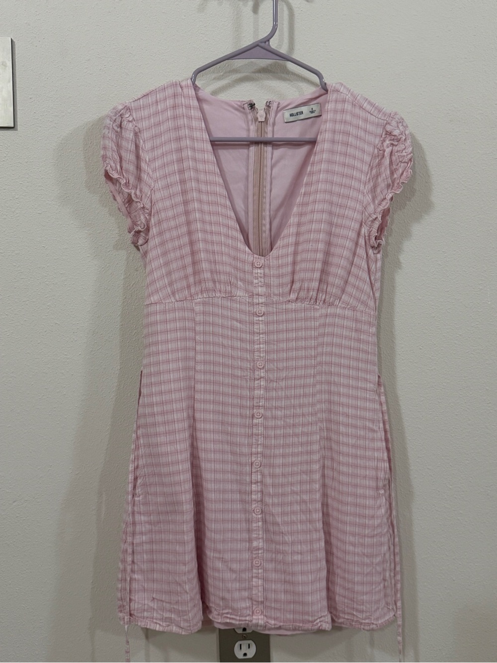 Hollister Pink Gingham V-Neck Button-Front Dress